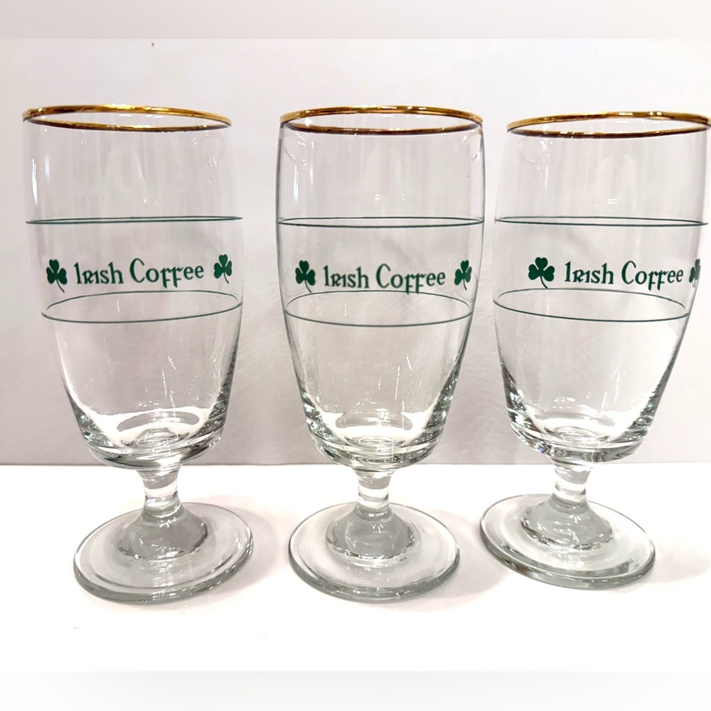 Vintage Irish Coffee Glasses – Set of 3 – Gold Rim & Shamrock Design – 6.5”